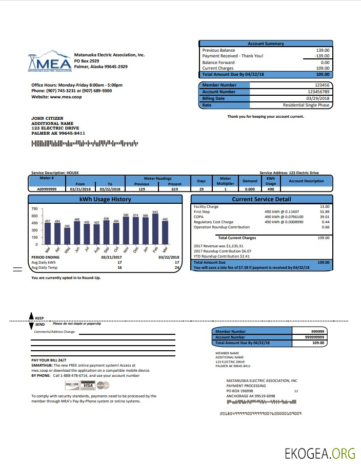 USA MEA Alaska electricity utility bill template in Word and PDF format
